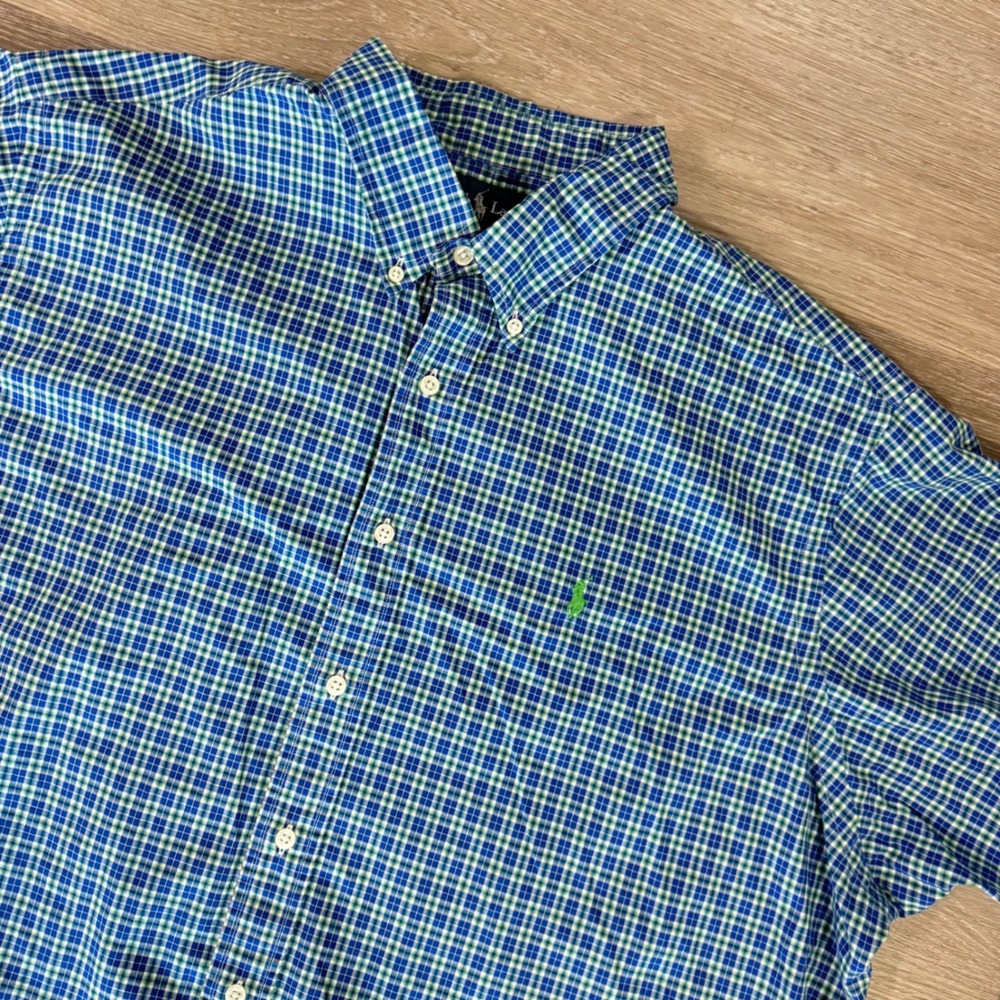 Ralph Lauren Button Down Shirt Mens XXL Blue Green Plaid Classic Fit Cotton